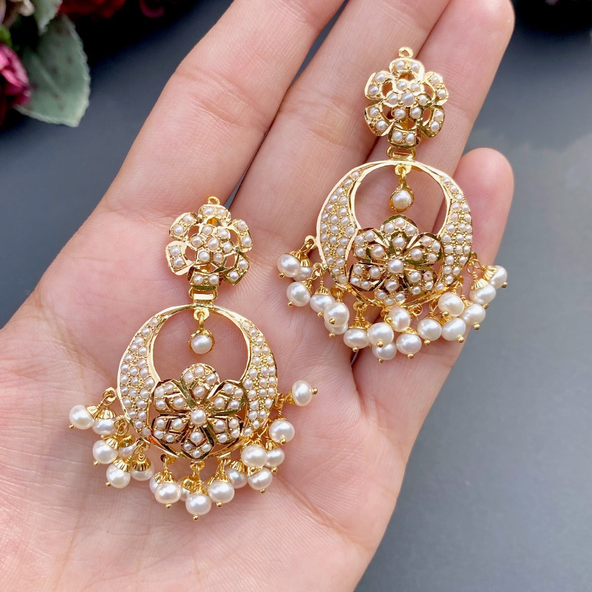 pearl chandbali earrings on gold