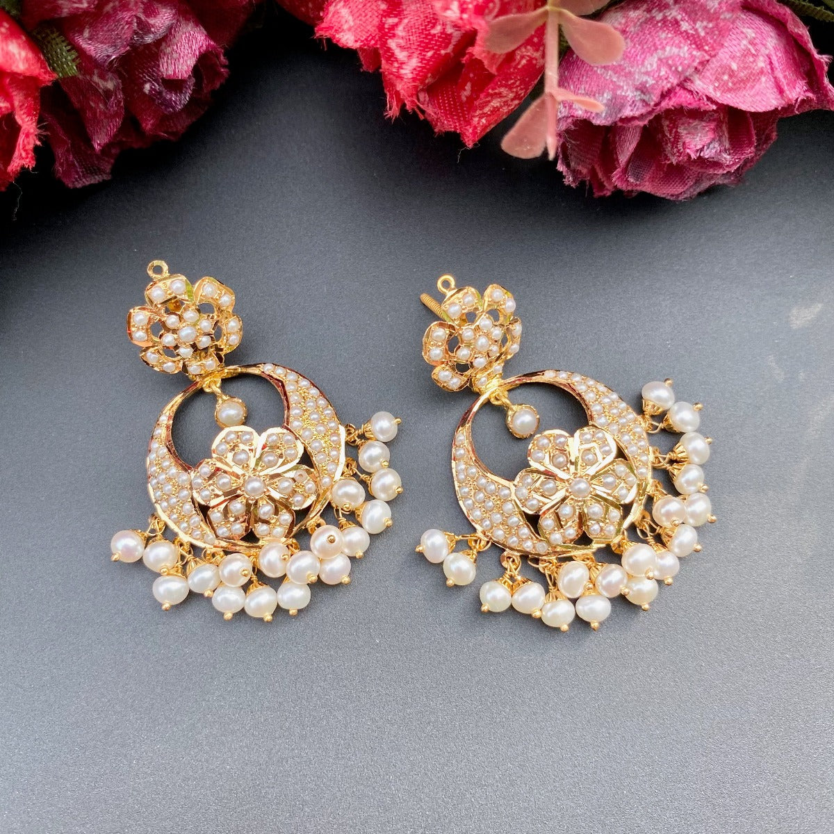 pearl chandbali earrings on gold