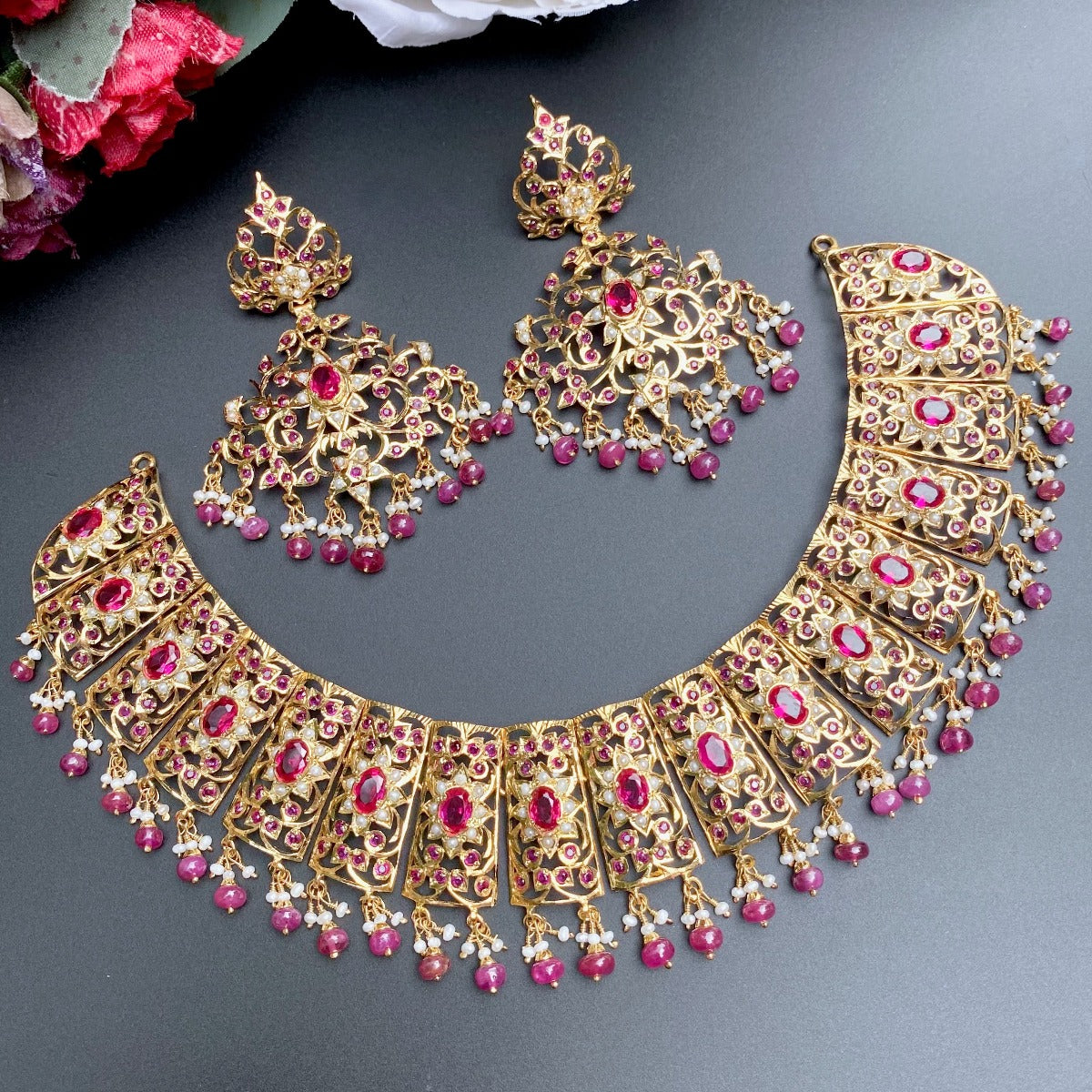 bridal jadau necklace set with gold plating