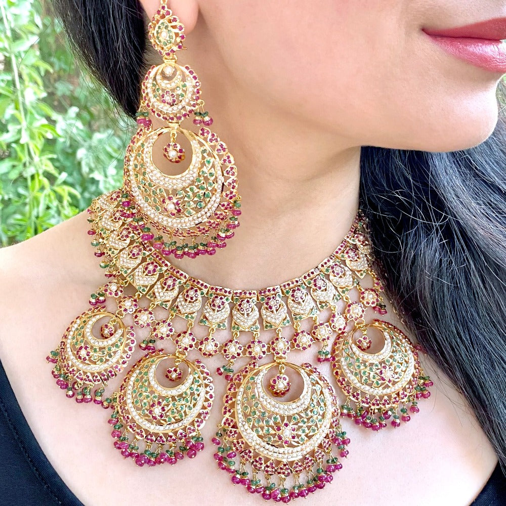 22k Gold Traditional Bridal Jadau Necklace Matched with Oversized Chan