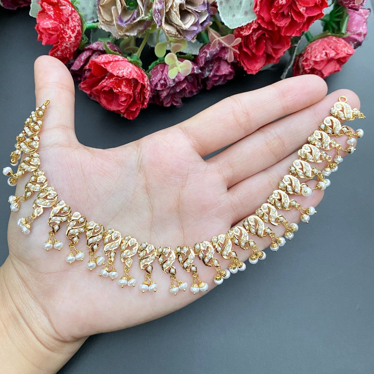 pearl necklace with jhumki gold