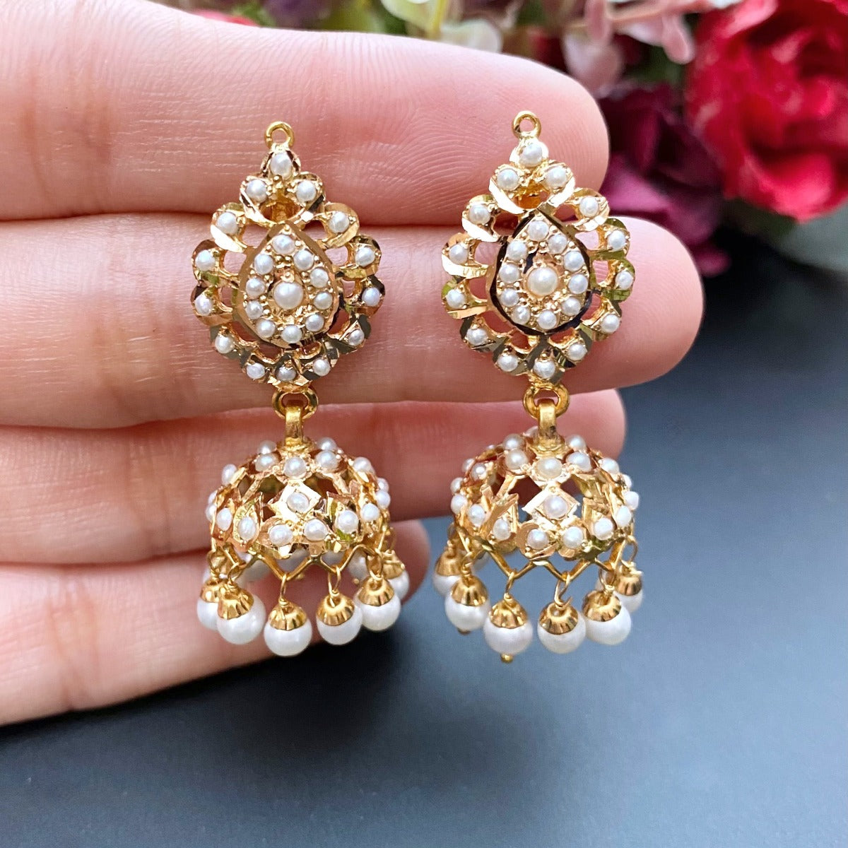 pearl necklace with jhumki gold