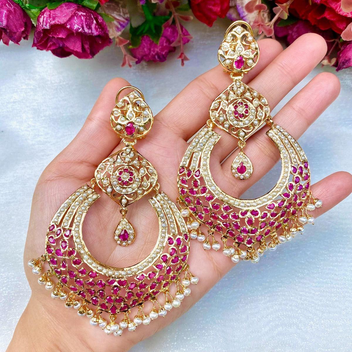 long ruby and pearl earrings