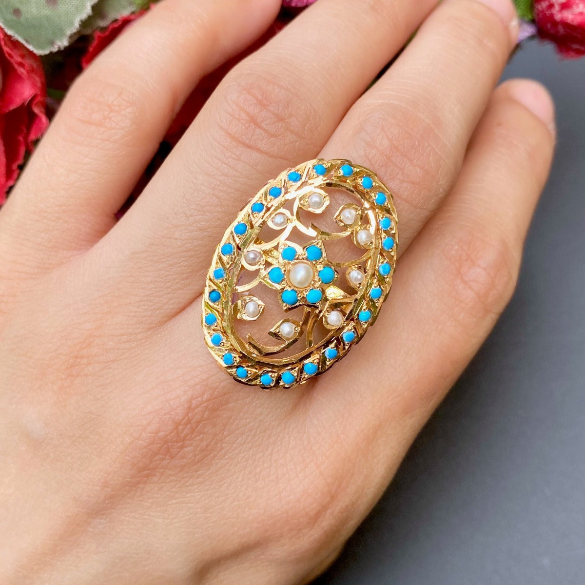 original gold ring with pearls and turquoise