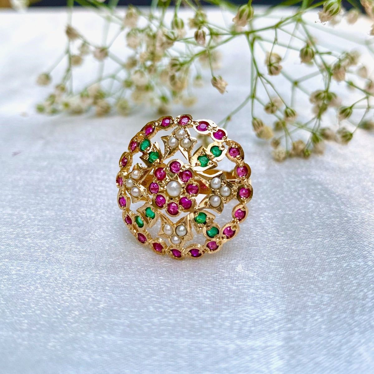 gold plated ruby emerald ladies ring