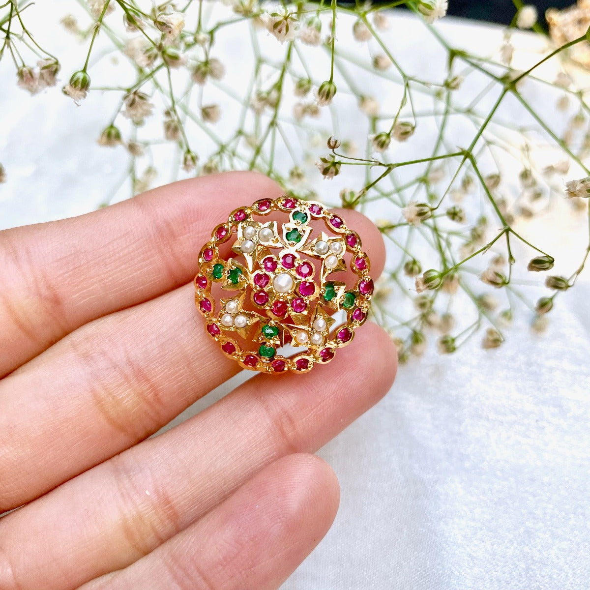 gold plated ruby emerald ladies ring