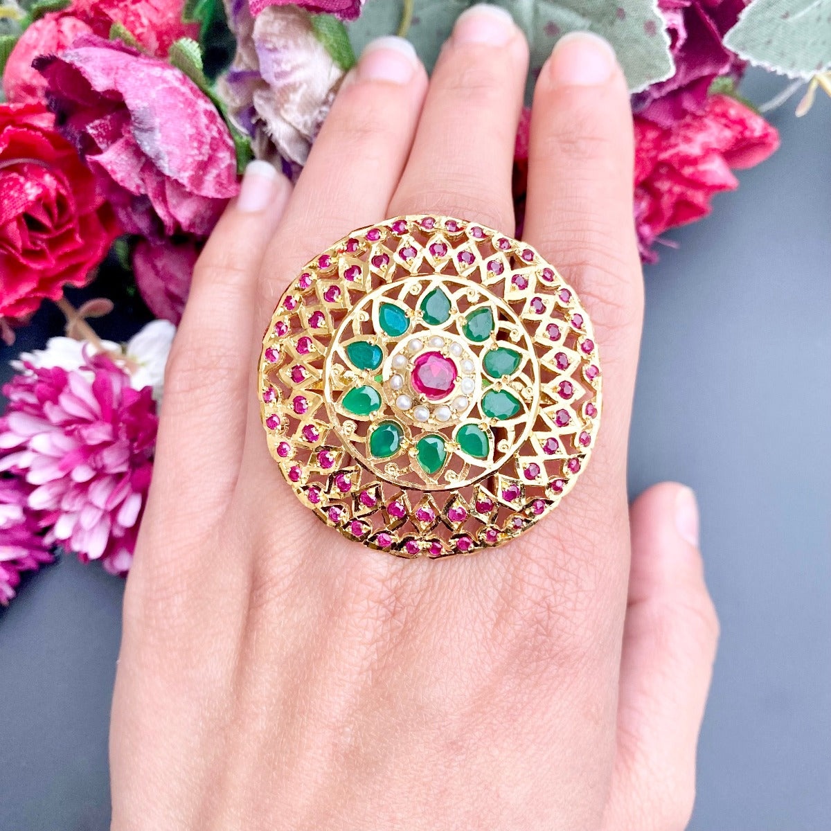 multicoloured jadau cocktail ring