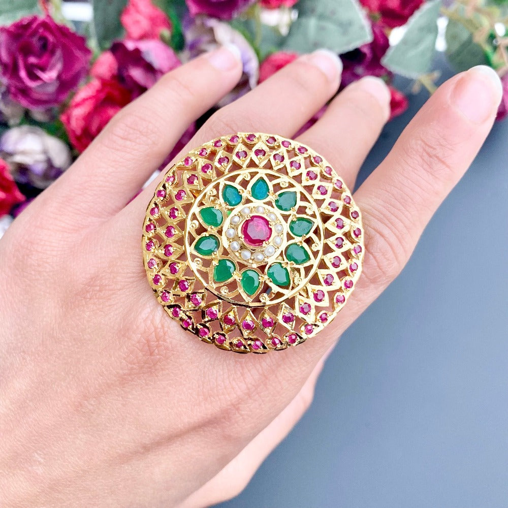 Multicolored Jadau Cocktail Ring in Gold Plated Silver LR 006