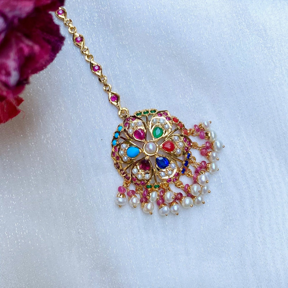 navratan maang tikka gold plated silver