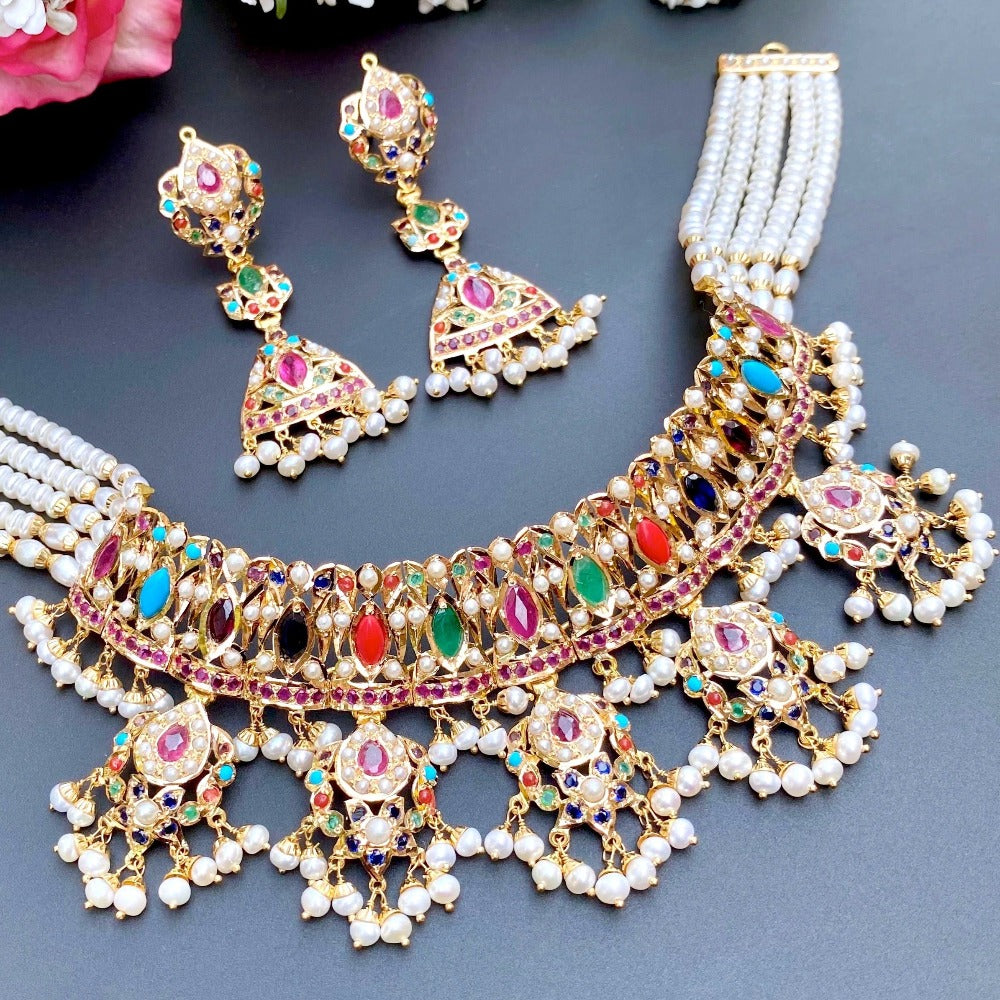 Jadau Choker Set | Navrathan Jewellery | 22K Gold Jewellery GNS 061