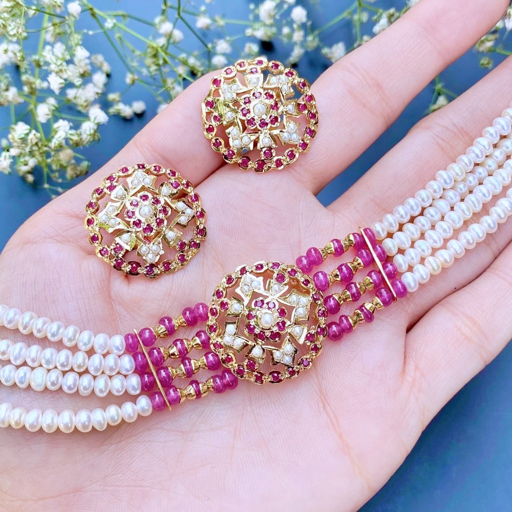 ruby choker set with pearls