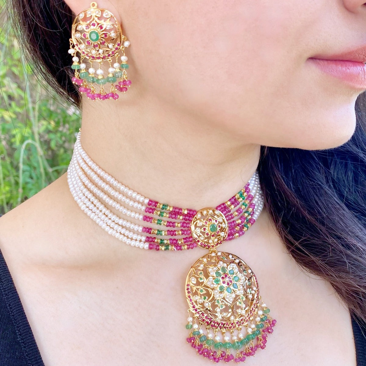 Authentic Gold Jewelry 22k Gold with Precious Stones Choker Set GN