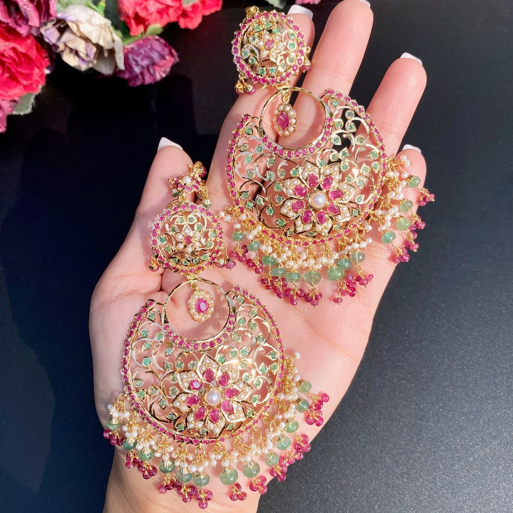 22k gold chandbali earrings with ruby emerald pearl