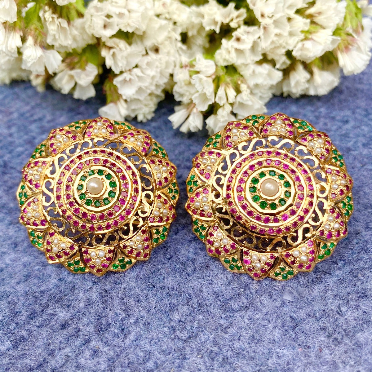 statement round jadau stud earrings gold plated silver