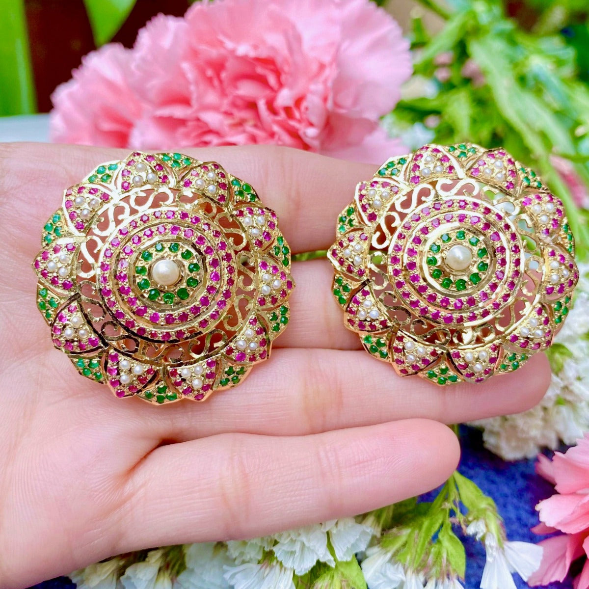 statement round jadau stud earrings gold plated silver