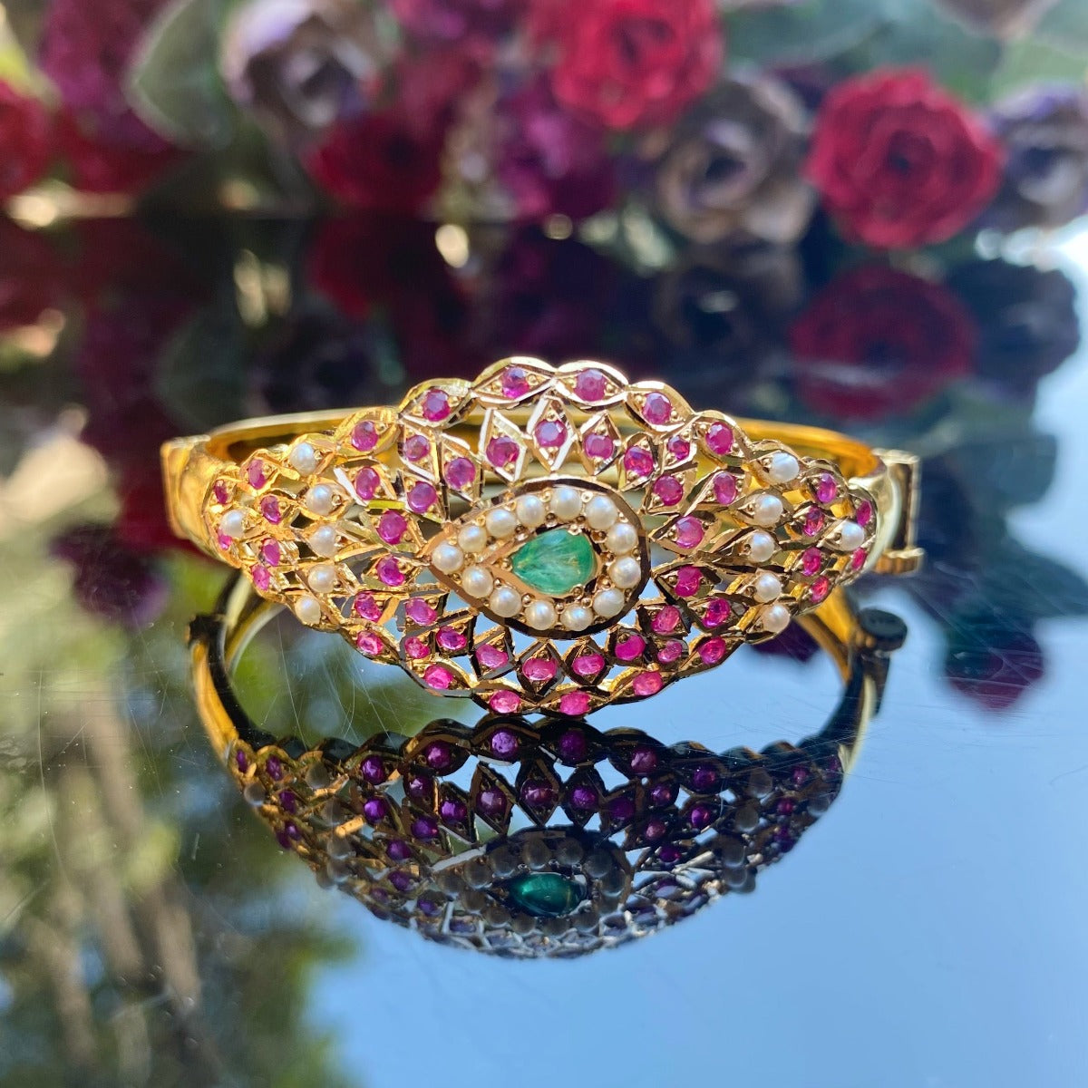 Jadau Bracelet Studded with Rubies and Emeralds in 22ct Gold Hallmark