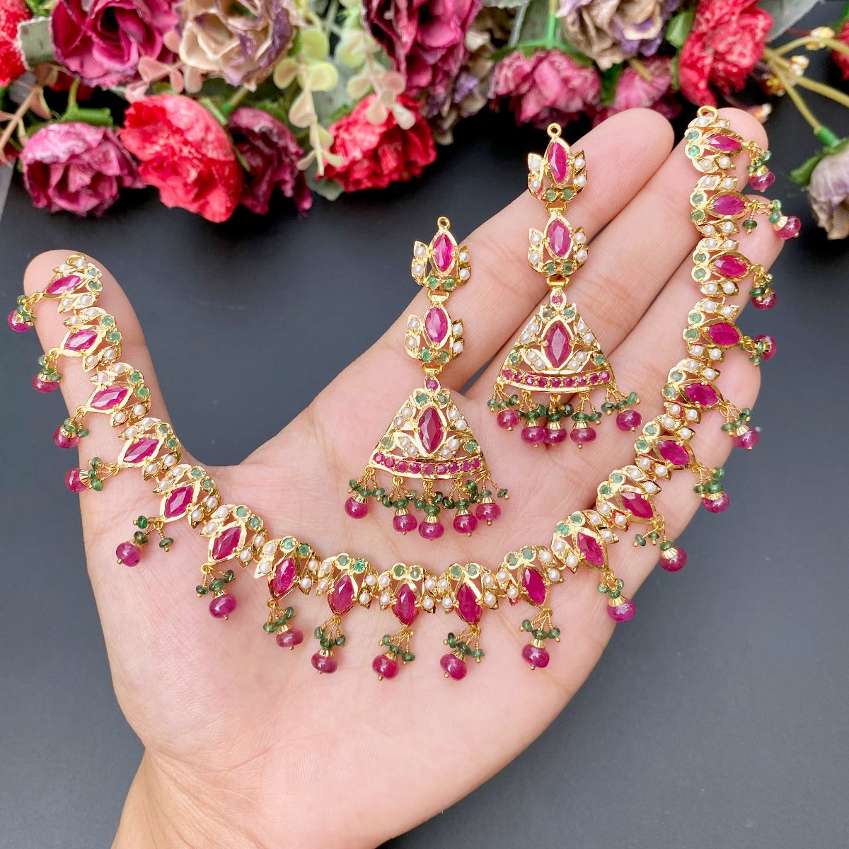 jadau necklace with jhumki on gold