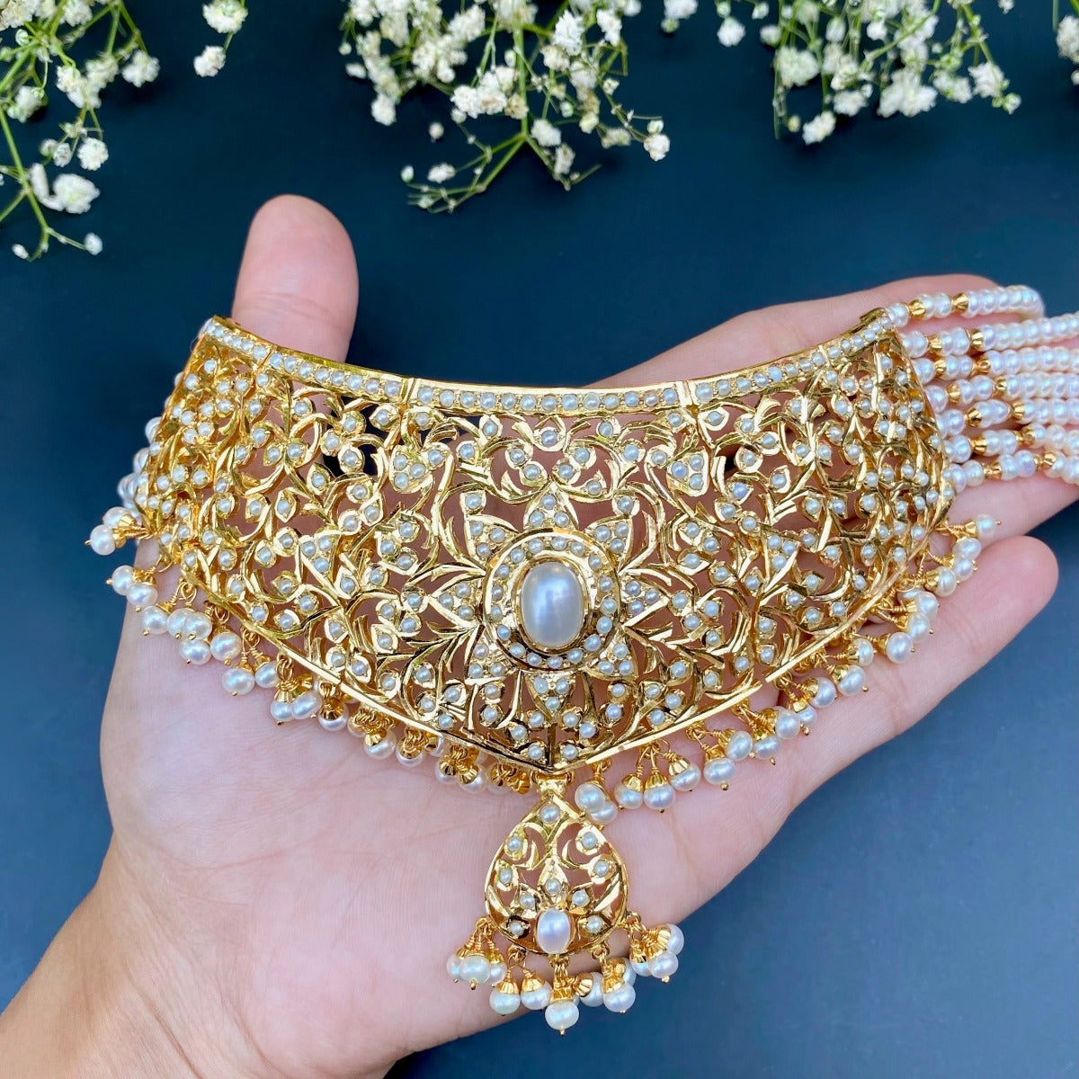 bridal pearl choker necklace set in gold plated silver