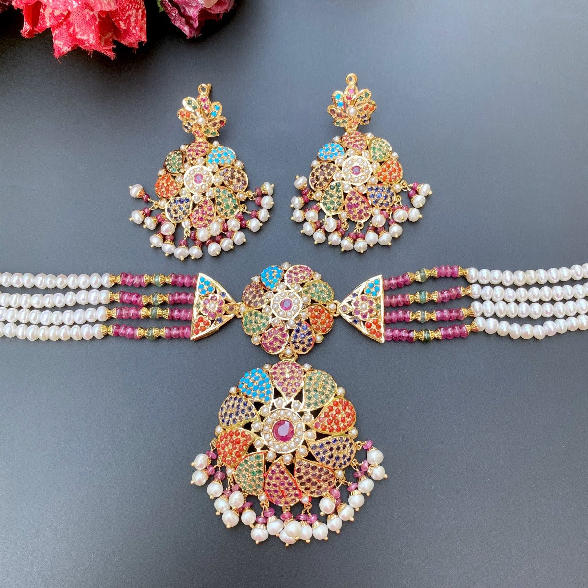 navratan choker set on 22k gold