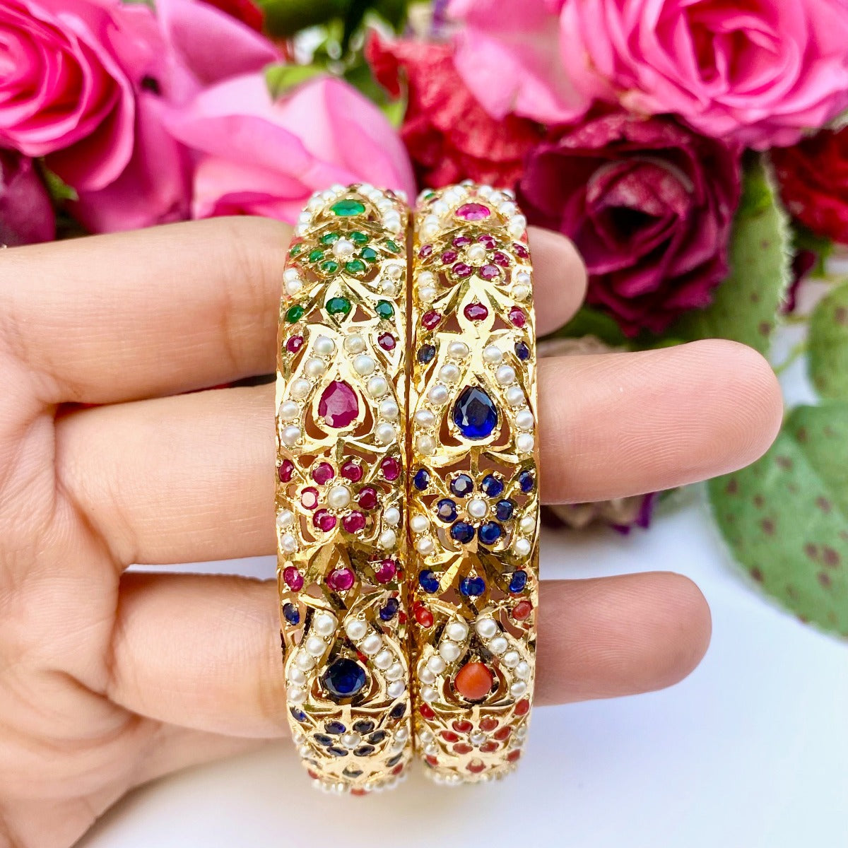 navratna bangles jadau gold plated