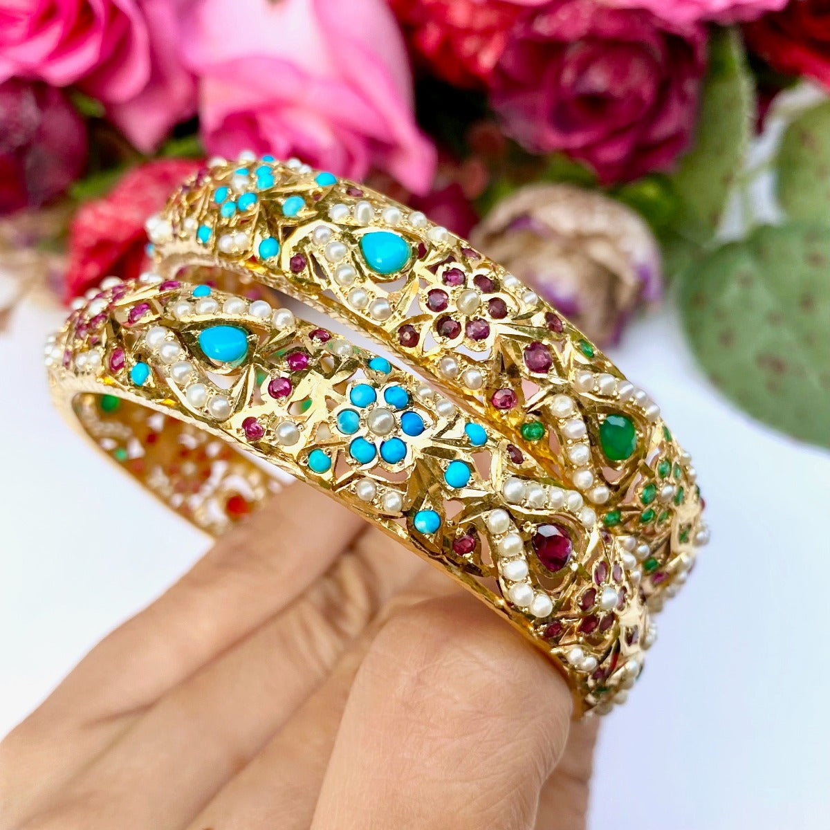 navratna bangles jadau gold plated