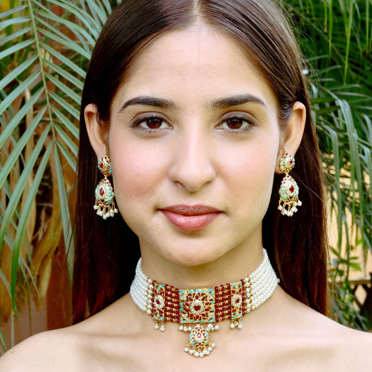 ruby turquoise choker set gold plated