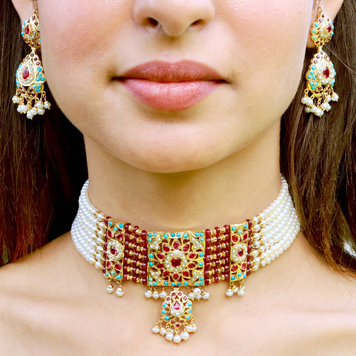 ruby turquoise choker set gold plated