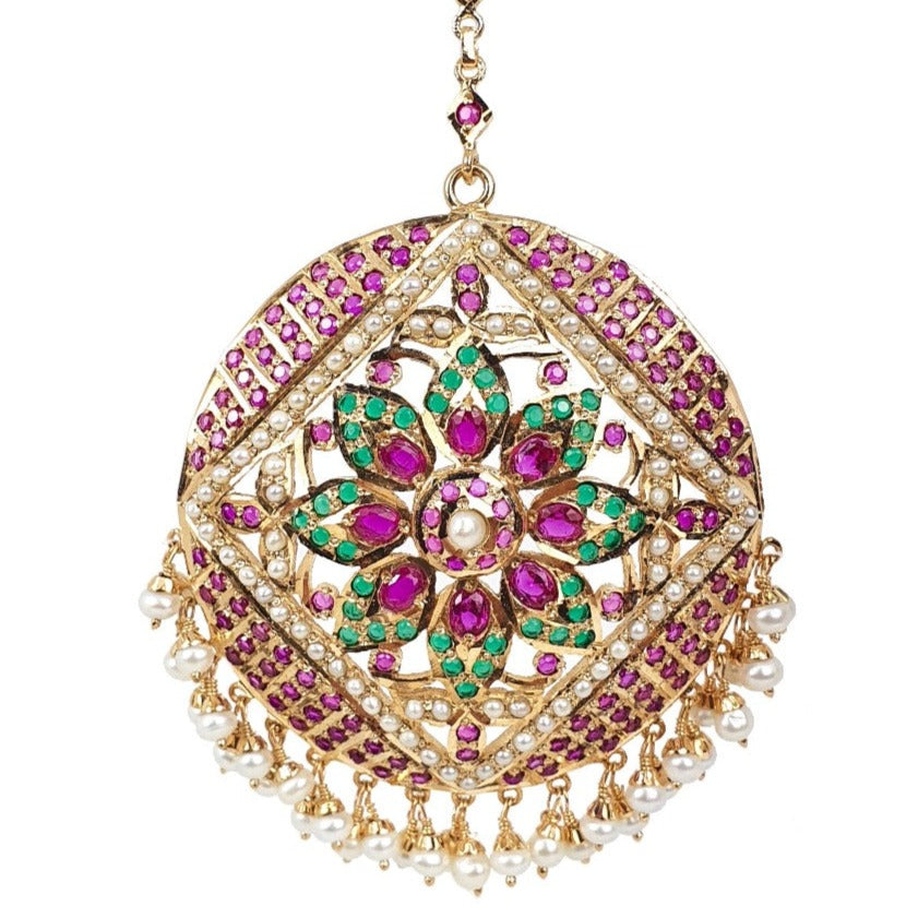 bridal mang teeka design studded with ruby emerald and pearls