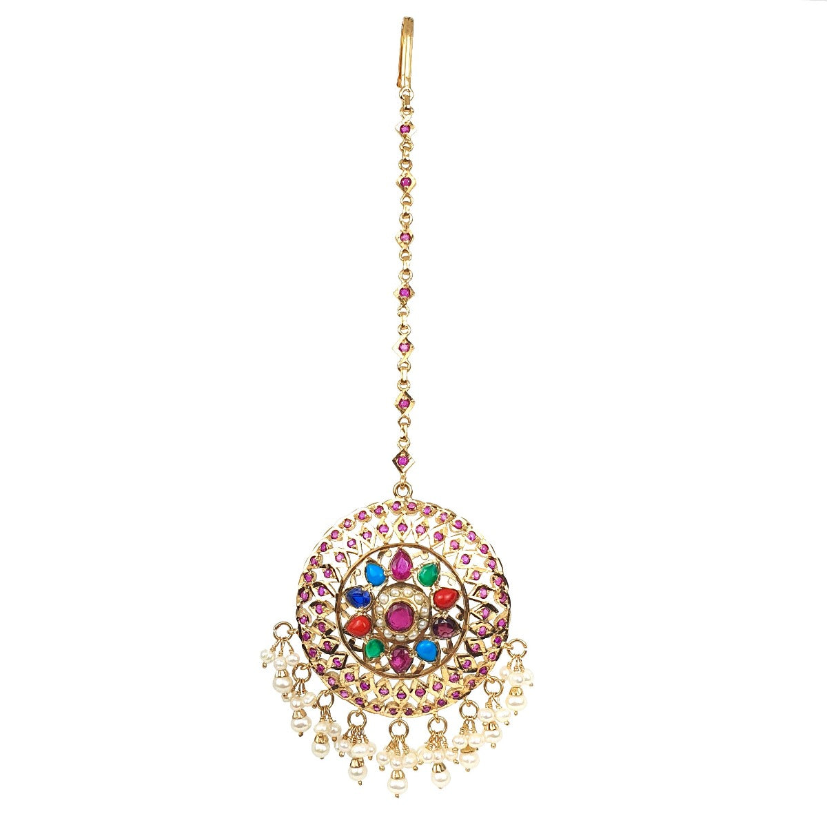 maang teeka with navrattan stones
