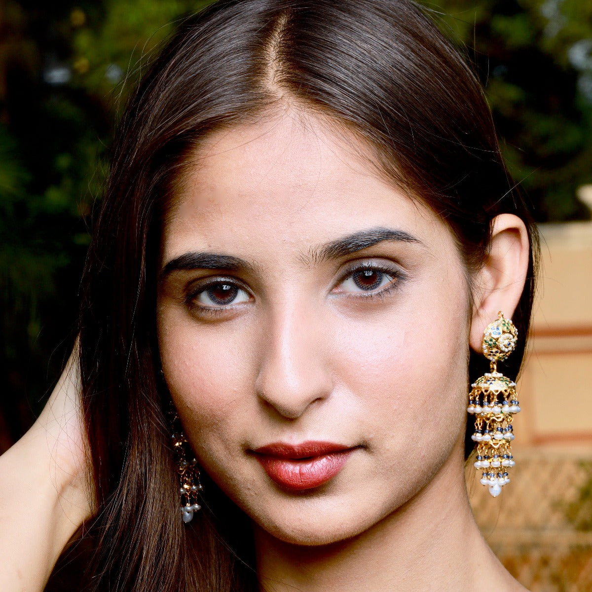 jadau tripple jhumka earrings long slender design gold plated silver