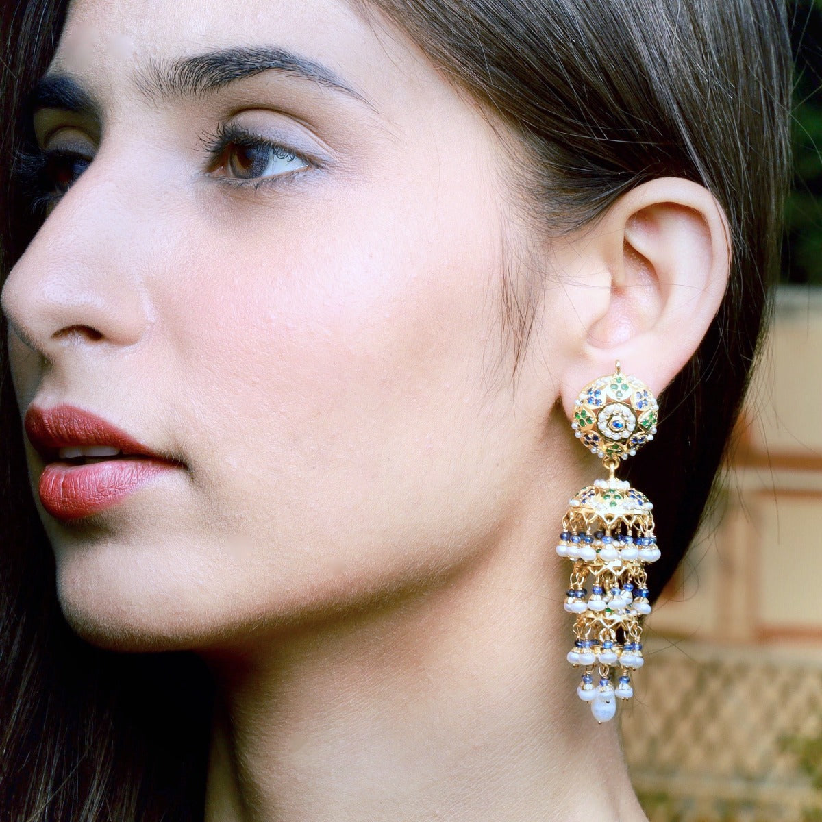 jadau tripple jhumka earrings long slender design gold plated silver