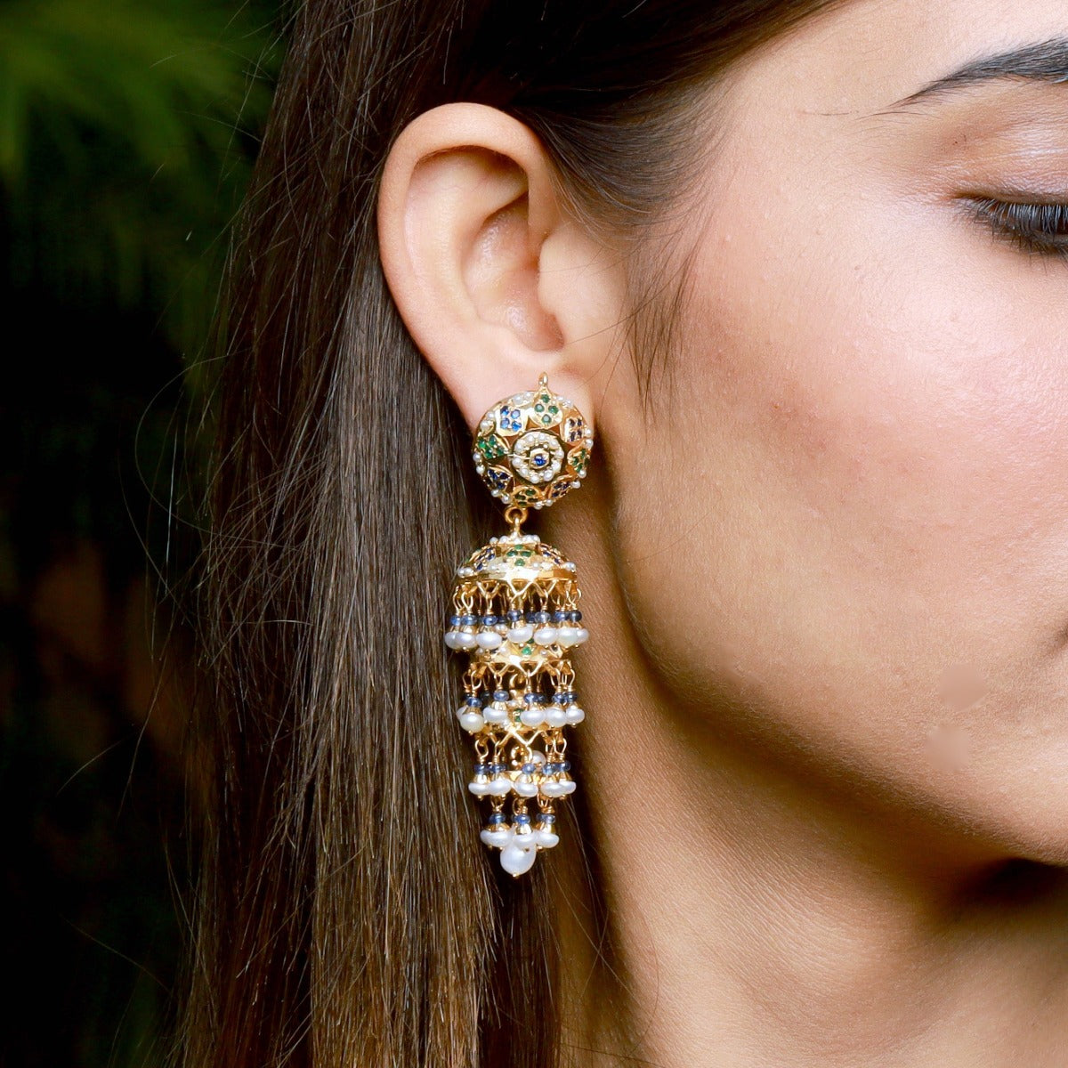 jadau tripple jhumka earrings long slender design gold plated silver