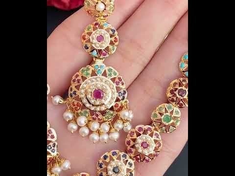 light weight navratna necklace set made in 22k gold