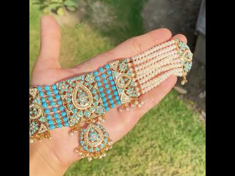 pearl turquoise choker set on gold plated silver