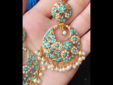 gold plated pearl and feroza earrings in silver