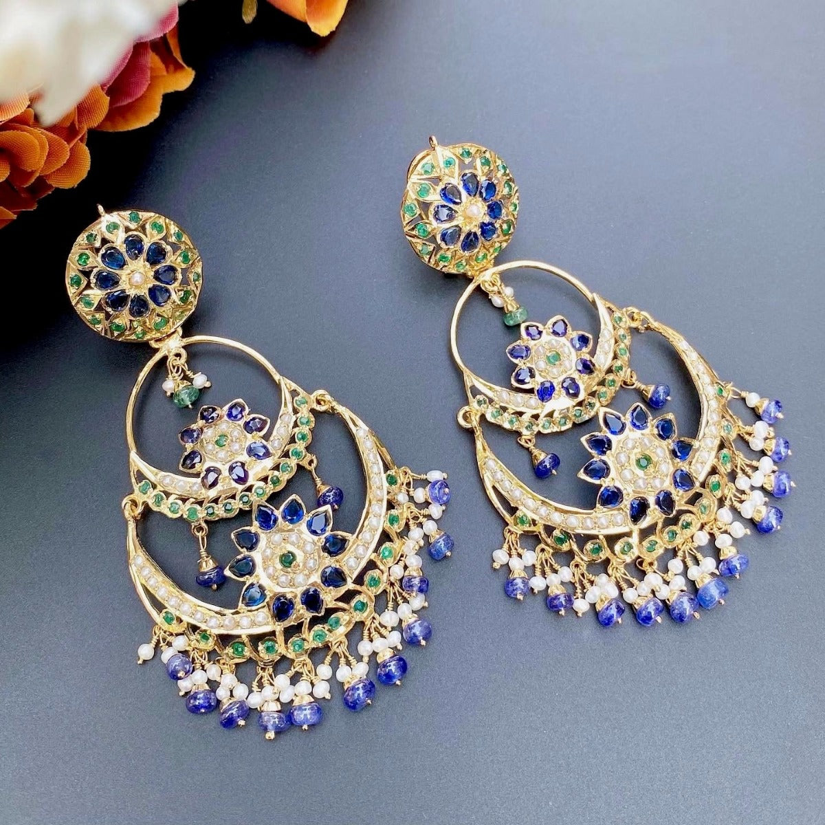 long multi tiered gold plated chand bali