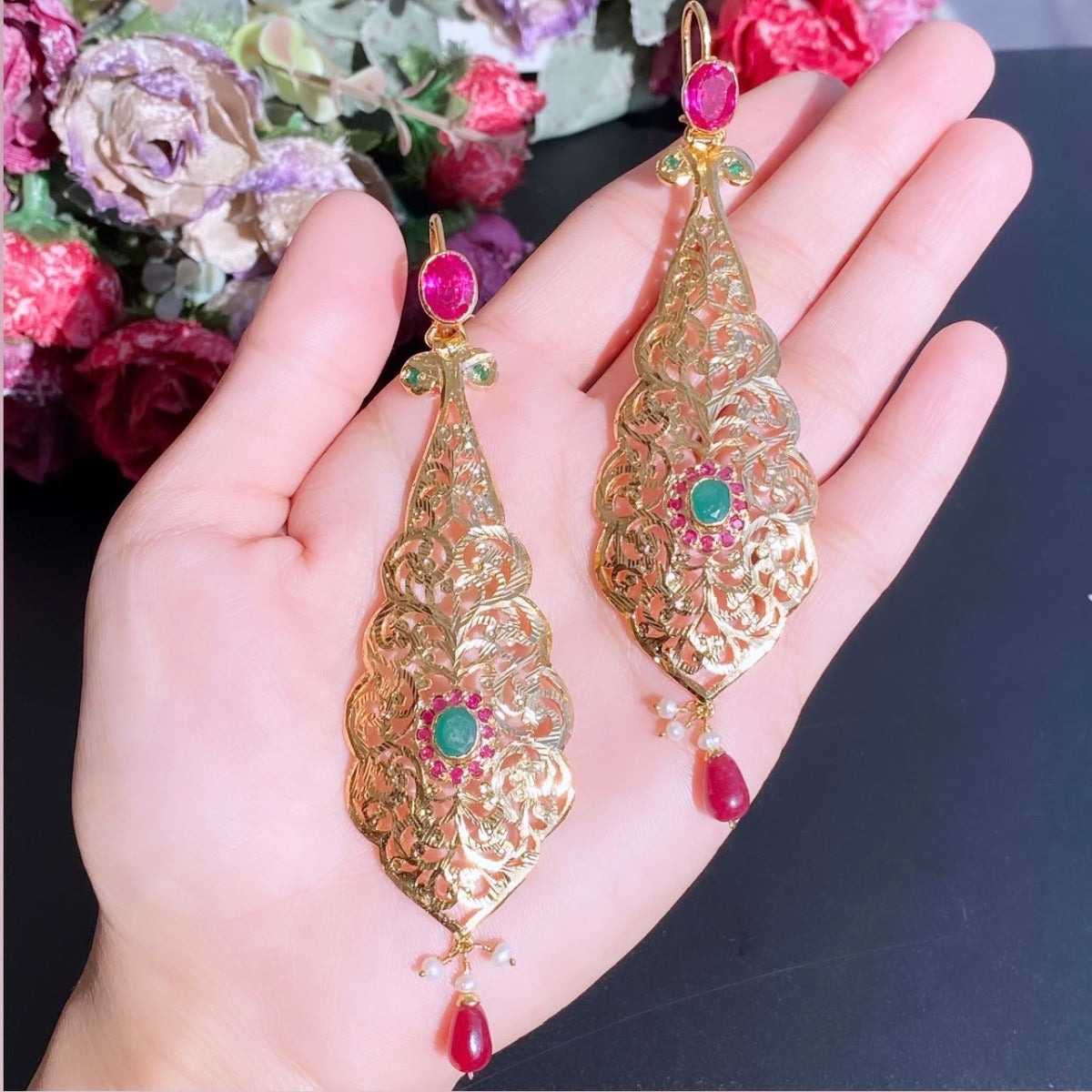 long gold plated silver earring