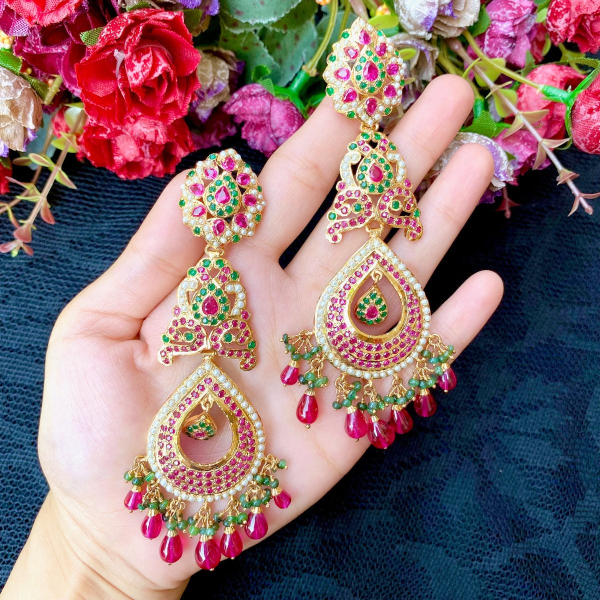 jadau long drop shaped danglers in gold plated silver multicolored