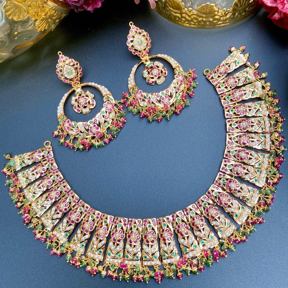 22k gold necklace set studded with precious ruby emerald and pearls