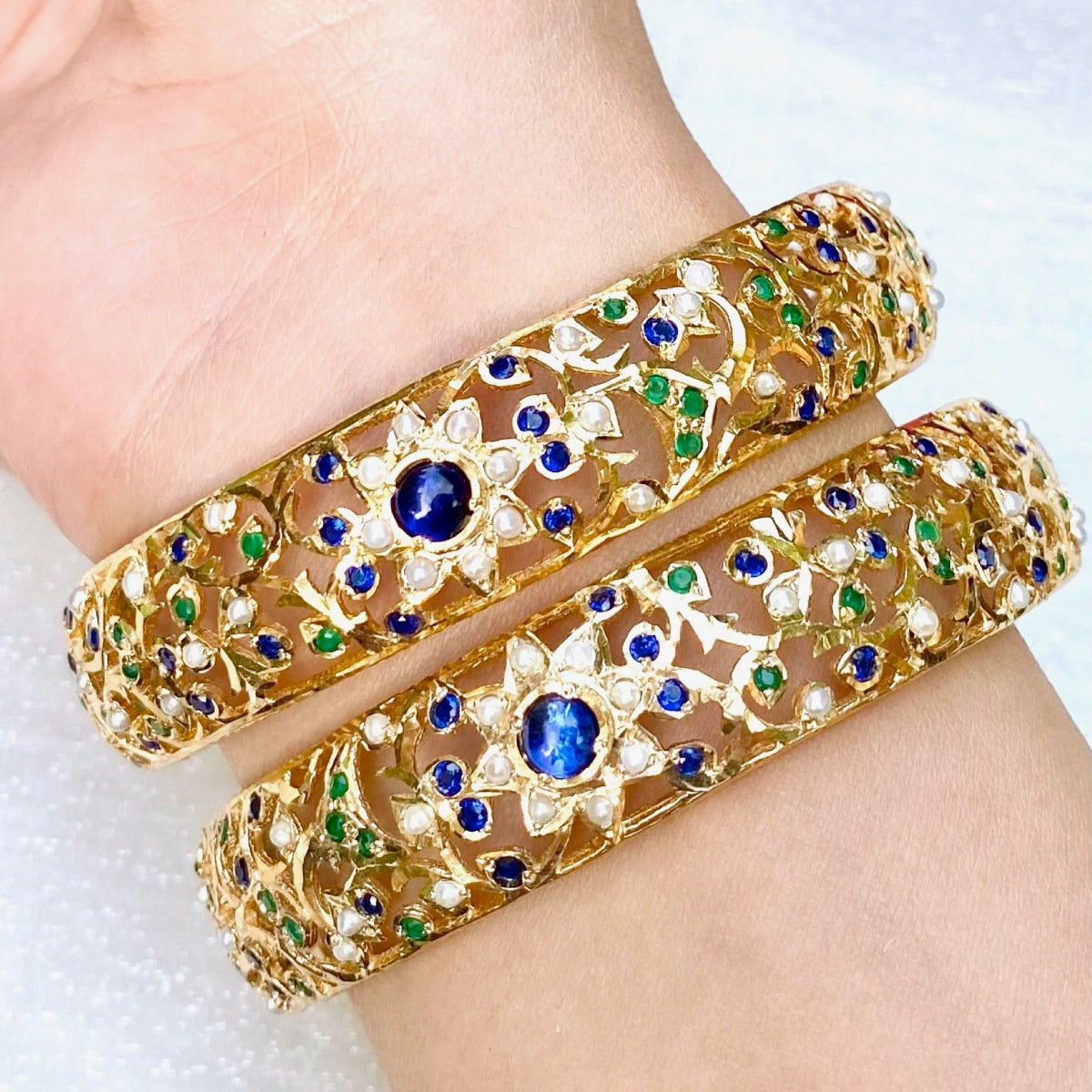 blue sapphire bangles for women on gold plated silver