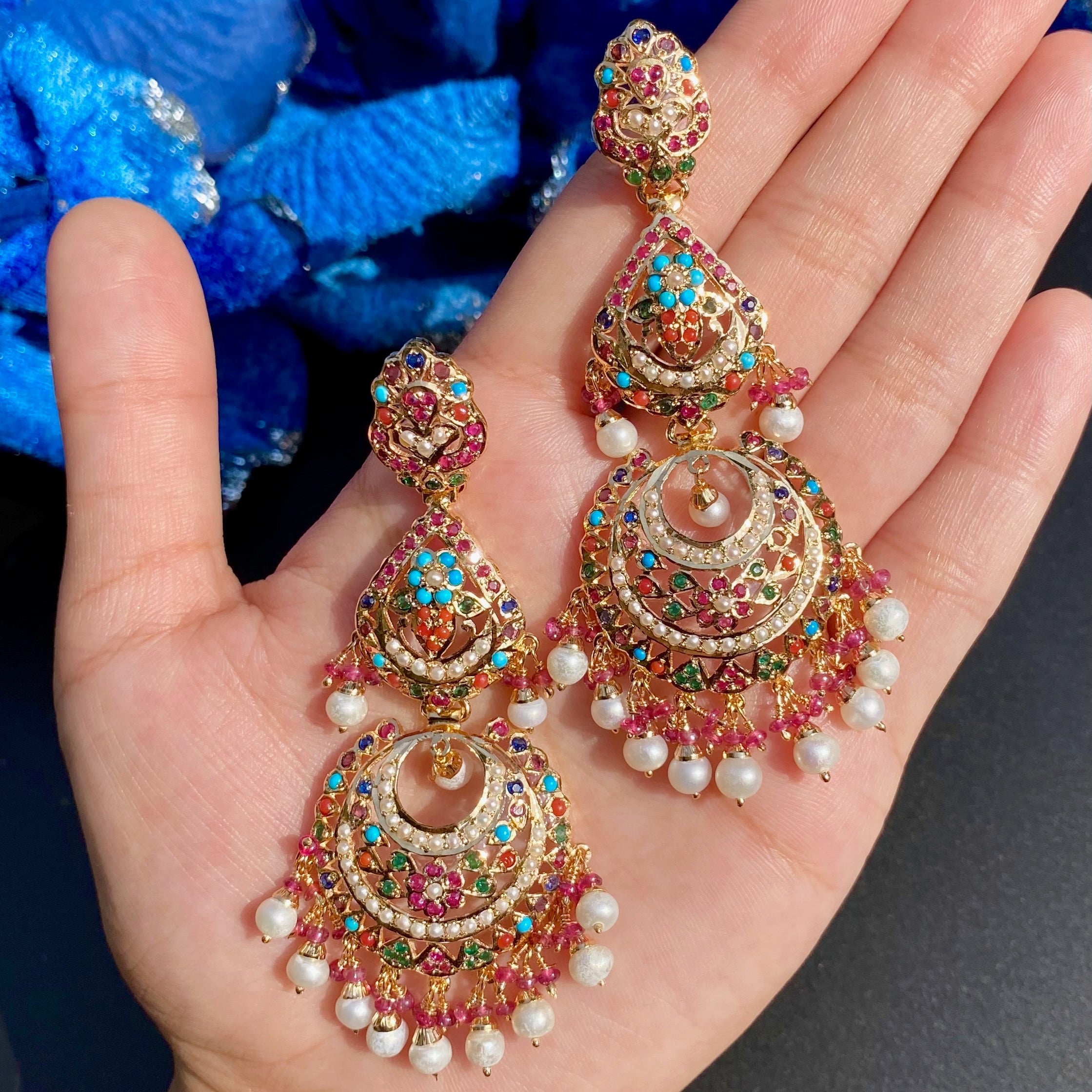 Gold Plated Long Chandbali Earrings in Silver Set with Navratna Colors