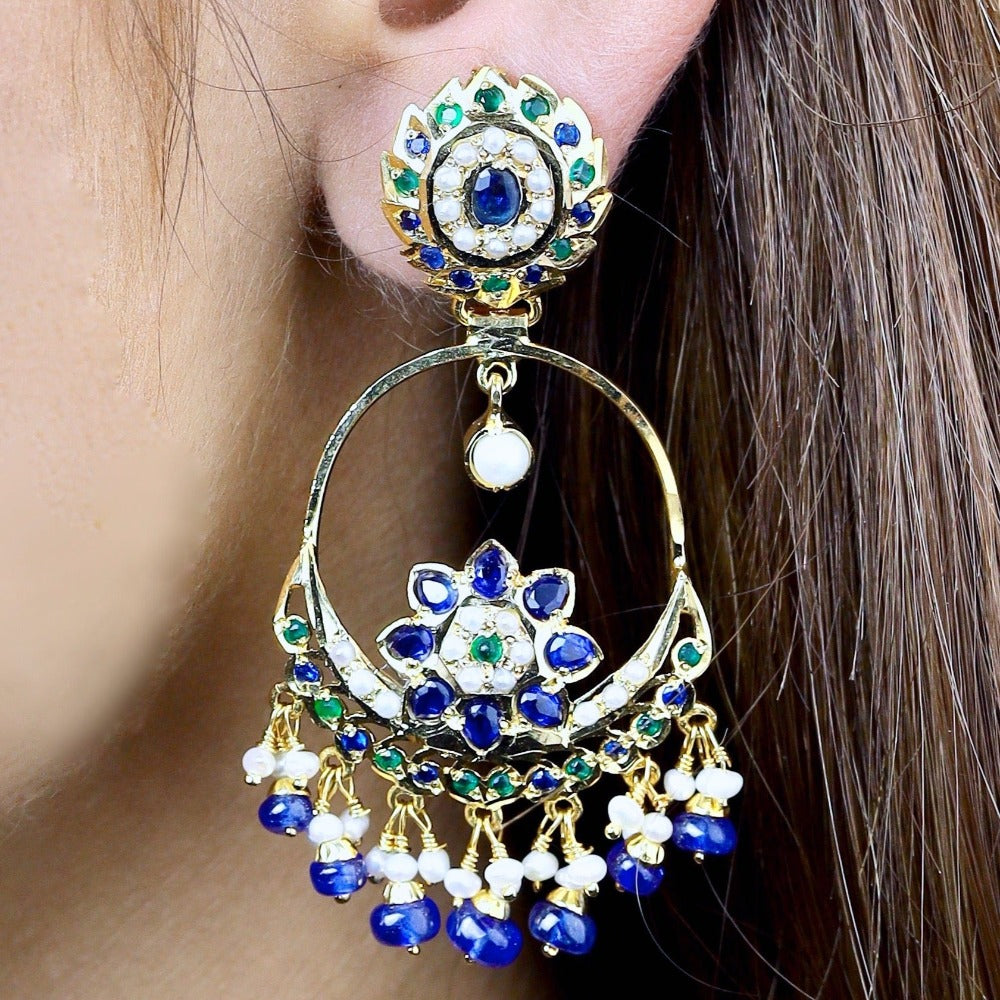 Navy Blue Sapphire Chandbali Earrings | Dainty Design | 925 Sterling Silver Gold Plated