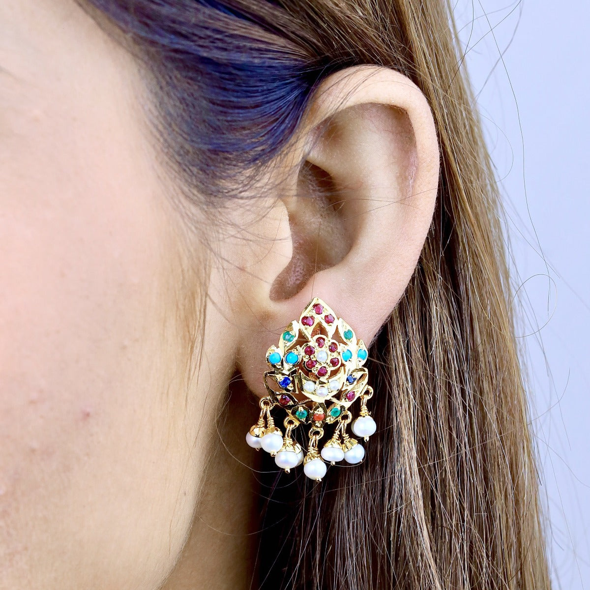 Navratna Studs with Freshwater Pearls | ER 150E