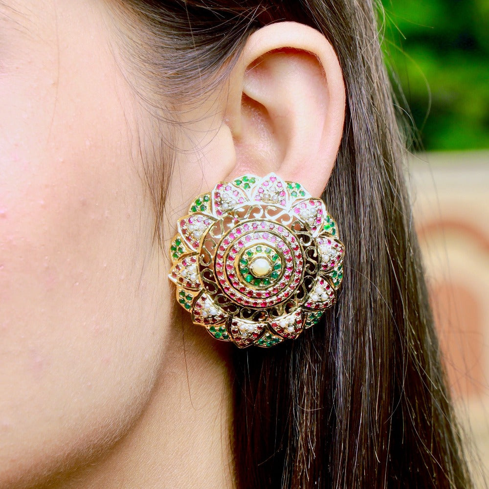 statement round jadau stud earrings gold plated silver