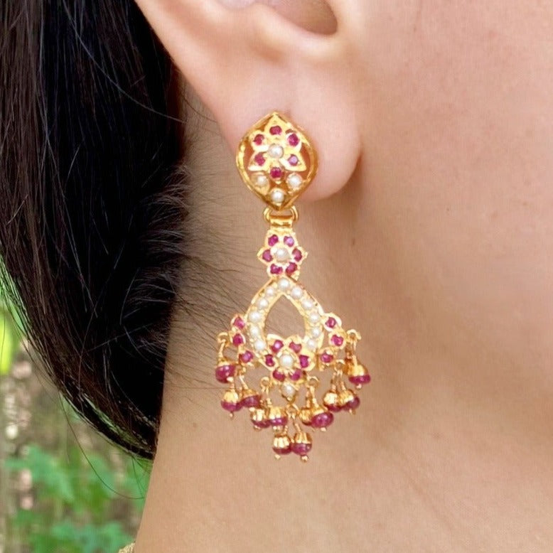 Dainty Ruby & Pearl Earrings | Jadau Earrings Gold Plated ER 635