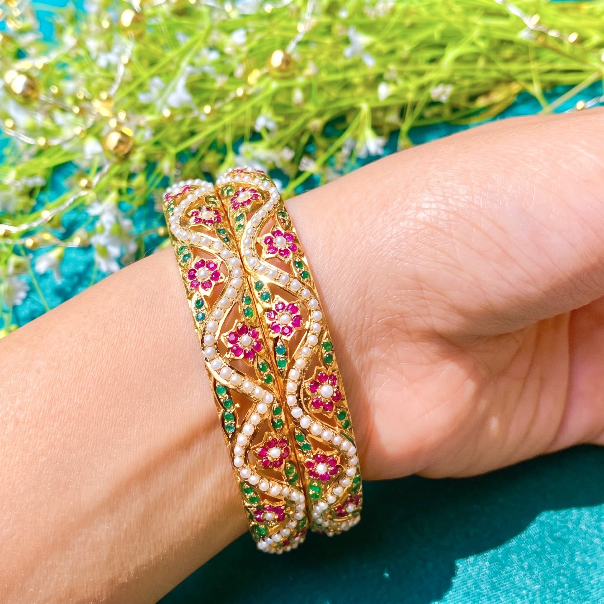 Multicolored Jadau Bangles in Gold Plated Silver BG 018