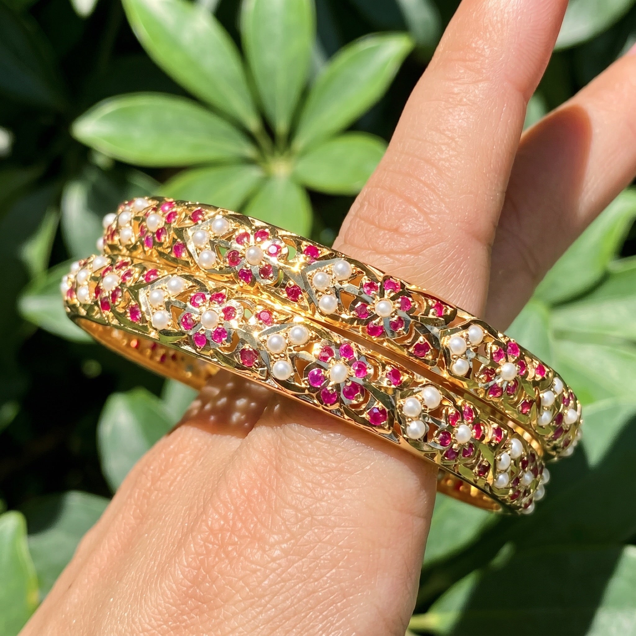 ruby pearl bangles in gold plated silver