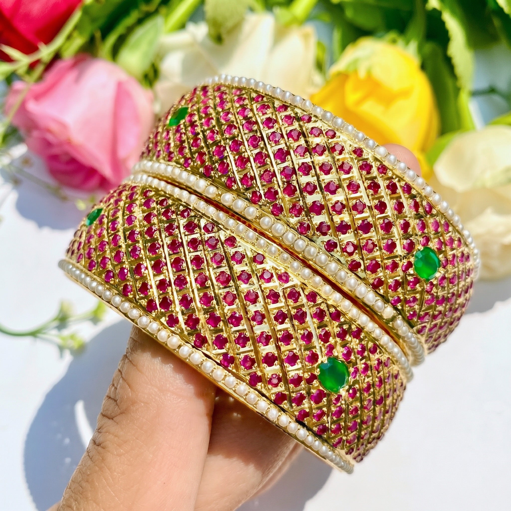 pair of  kundan kadas in gold plated silver