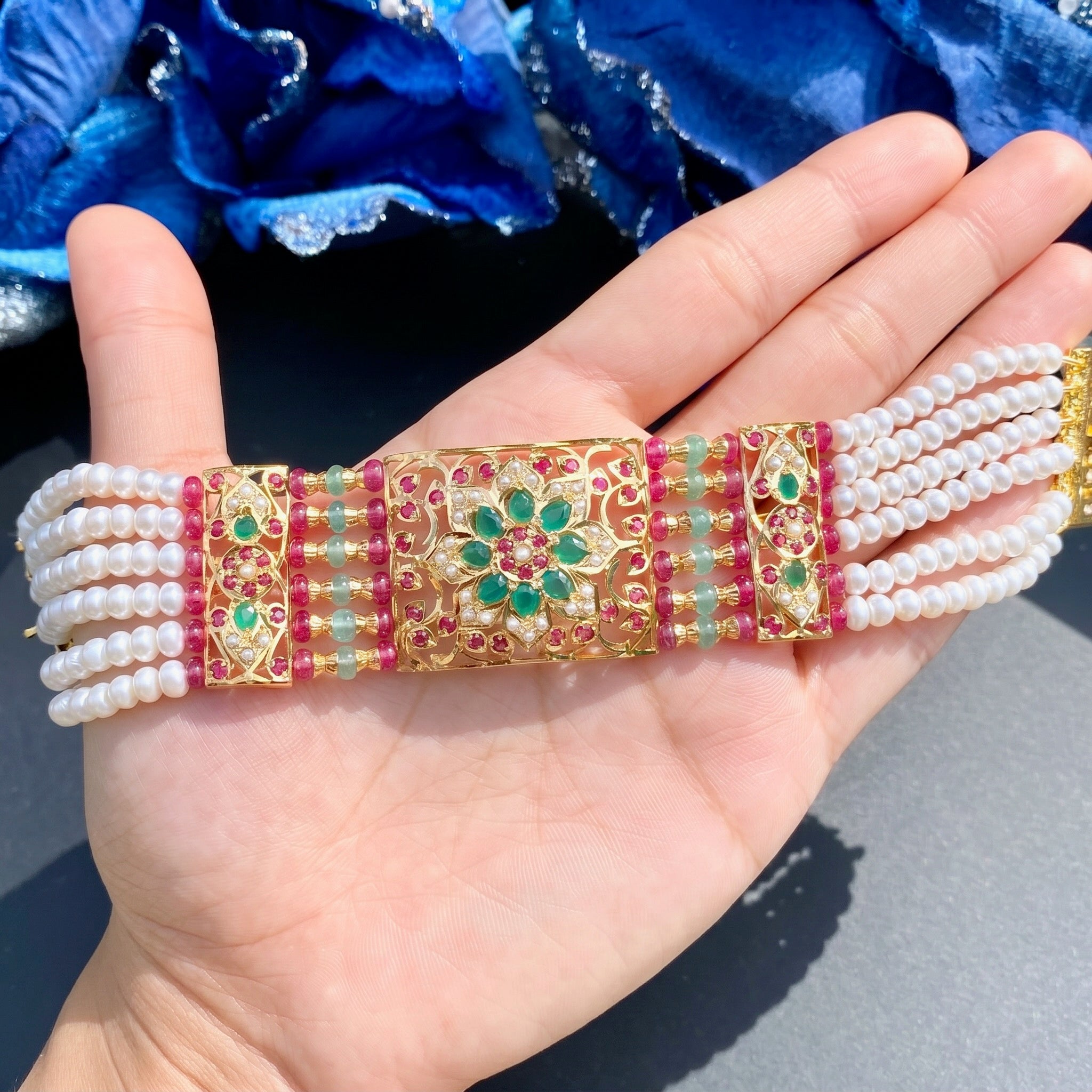 jadau dasti made in gold plated silver with real freshwater pearls