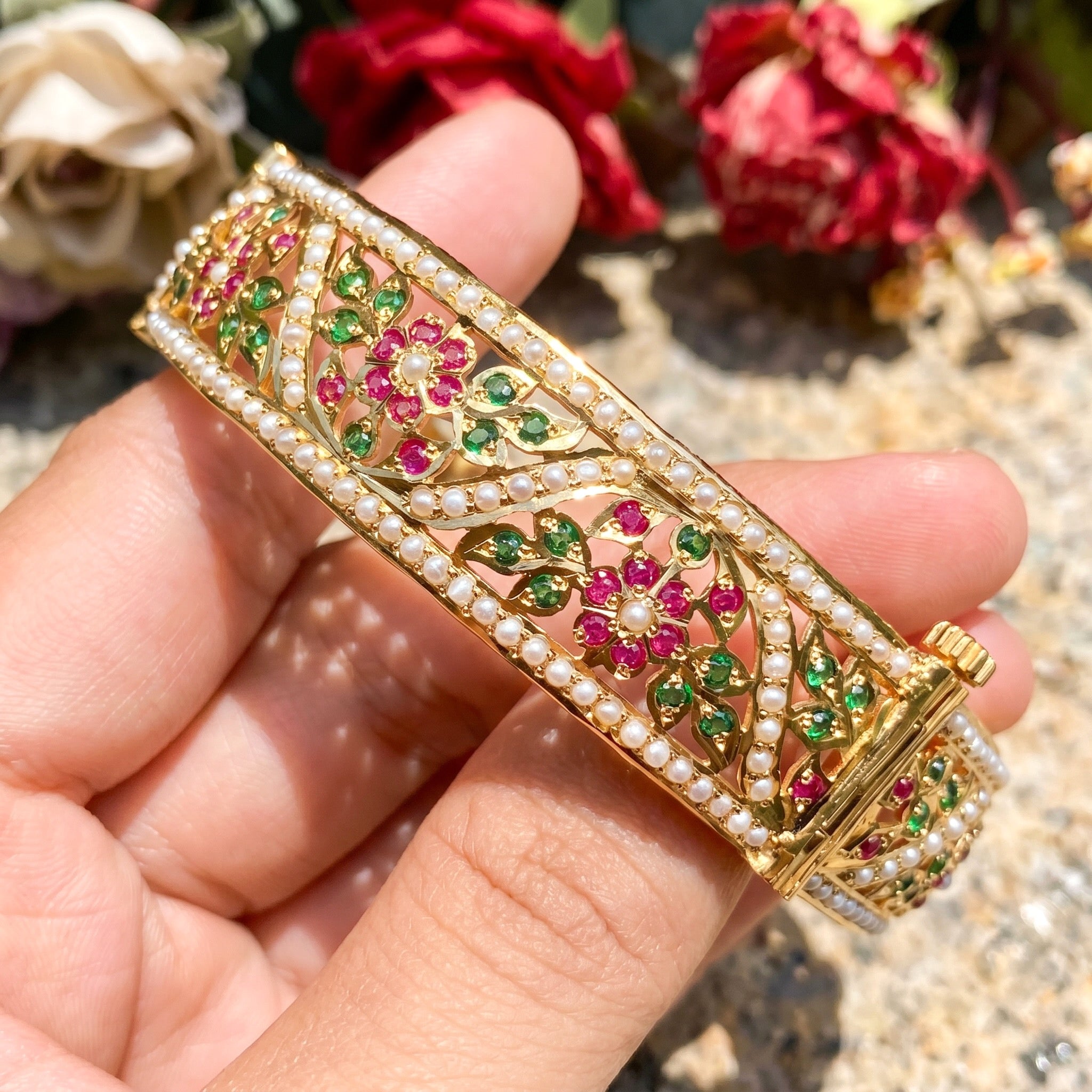 ruby emerald jadau bangle in gold plated silver
